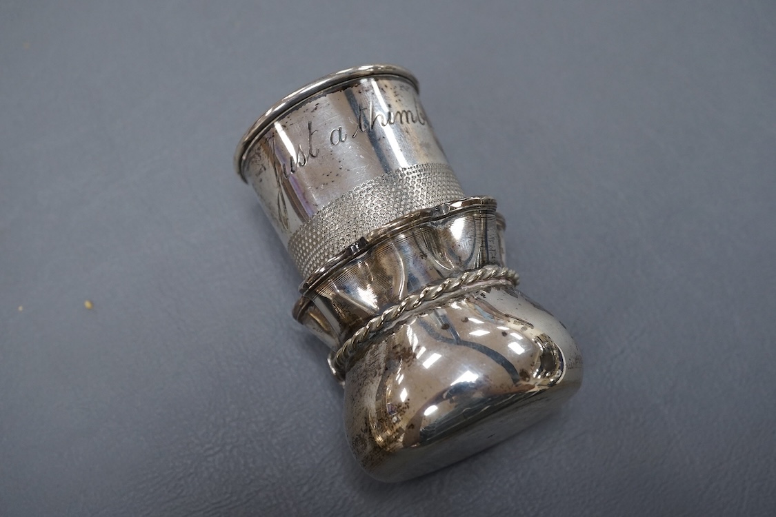 A George V silver Mappin and Webb match box holder ashtray, 12.6cm, a just a thimbleful sterling spirit tit, novelty 925 salt, modelled as a sack.